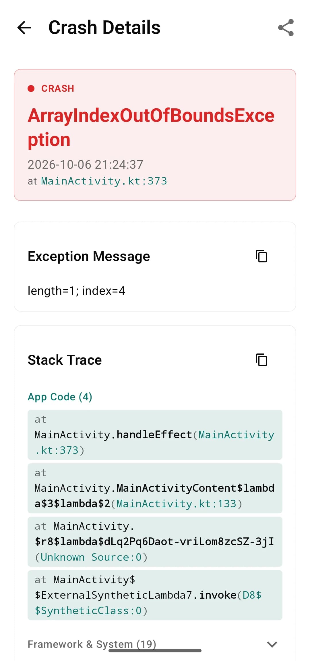 Crash details screen with the exception and stack trace