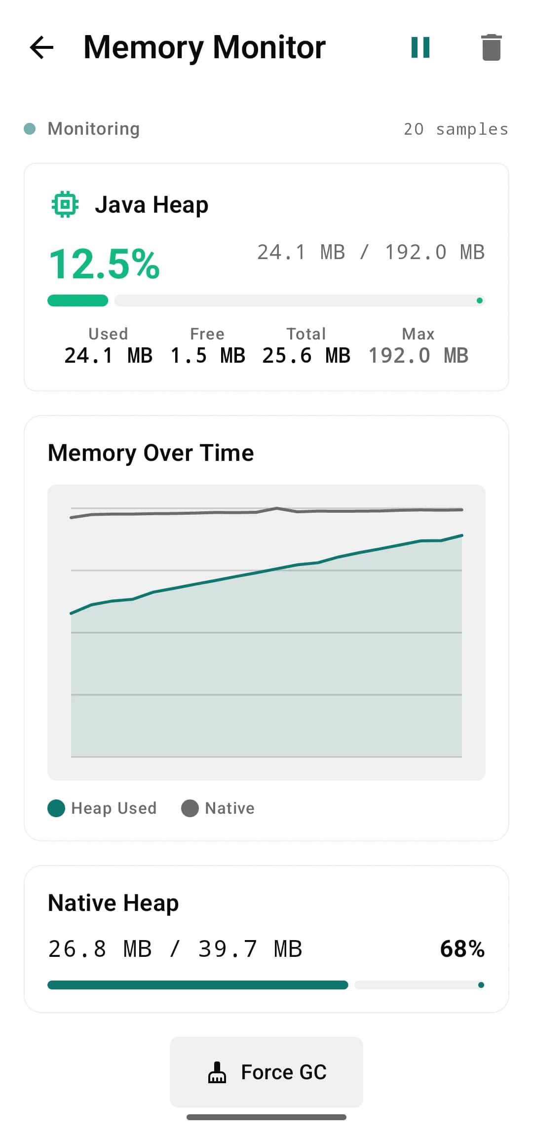 Memory monitor showing heap usage over time
