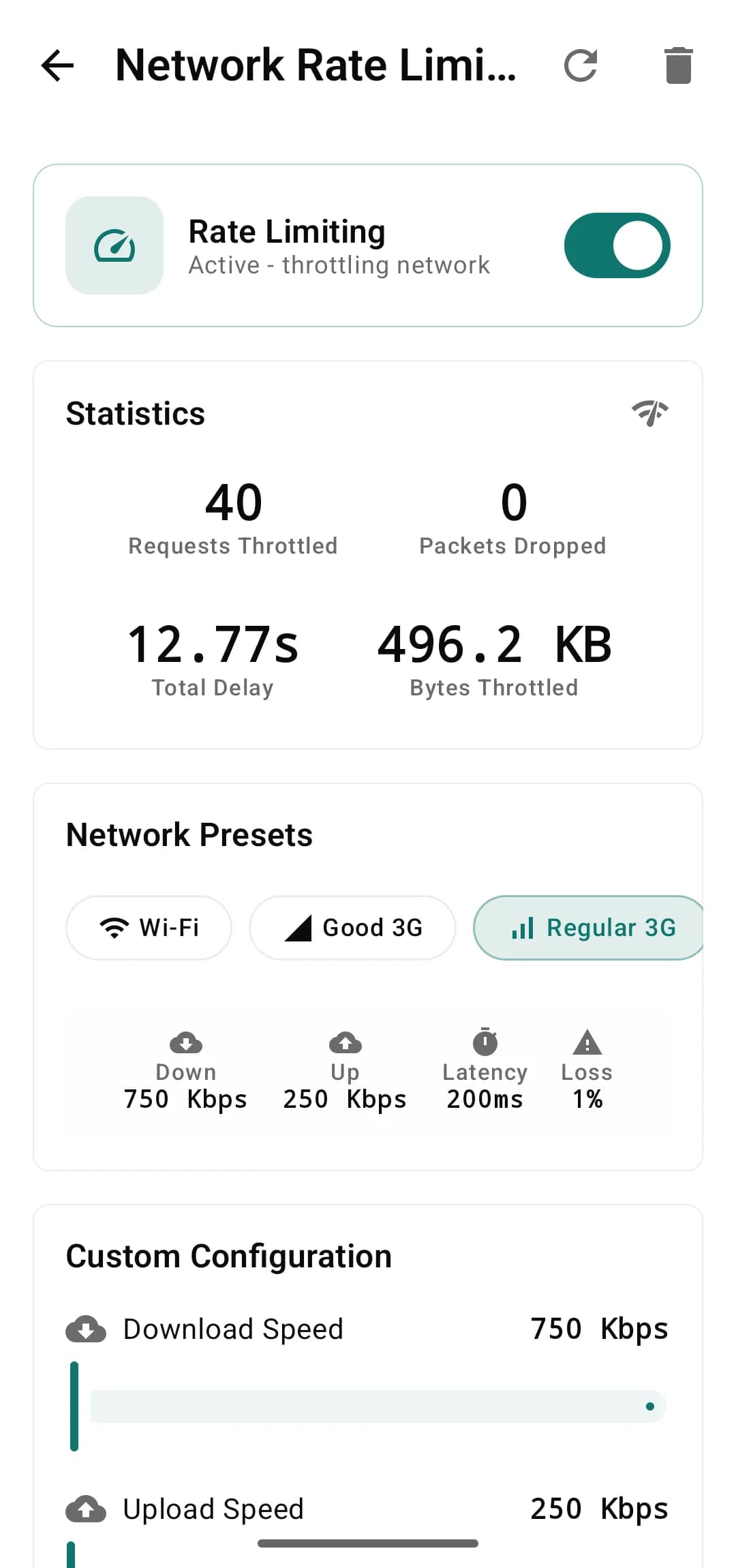 Rate limiter screen with network speed presets