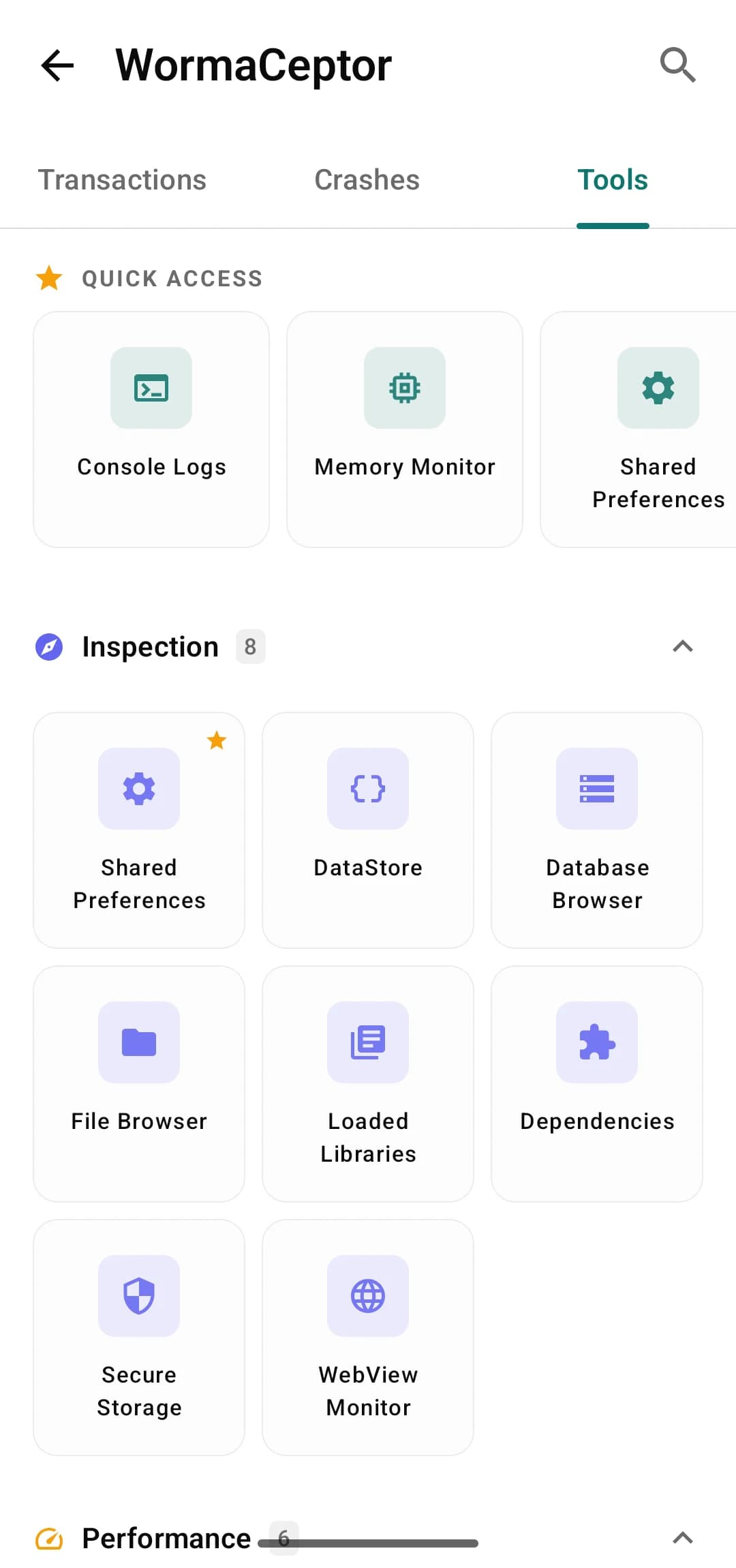 WormaCeptor tools screen listing the available debugging tools