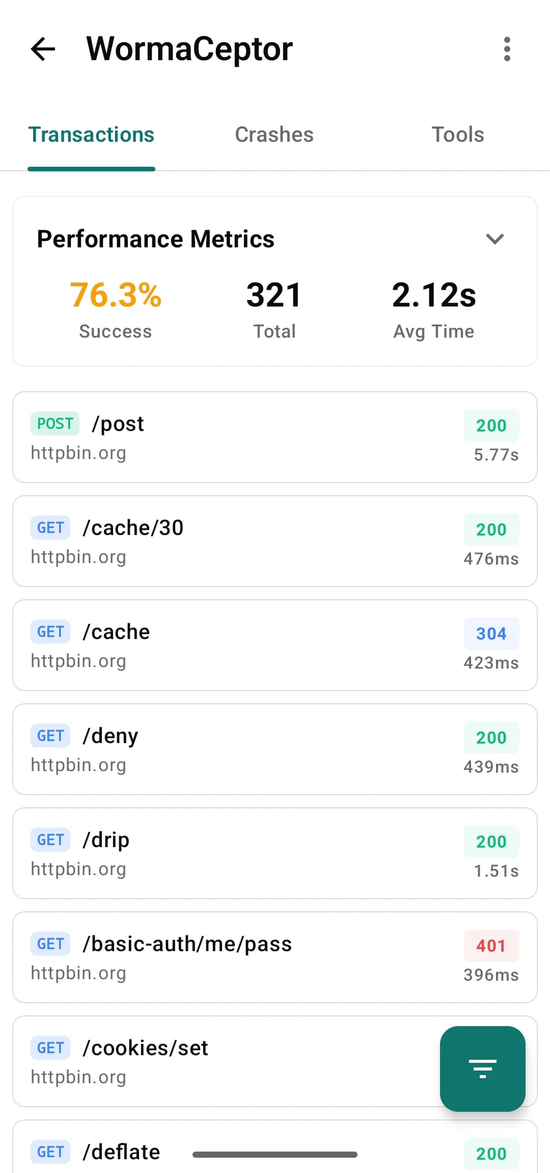 Transaction list with captured HTTP requests, status codes, and durations